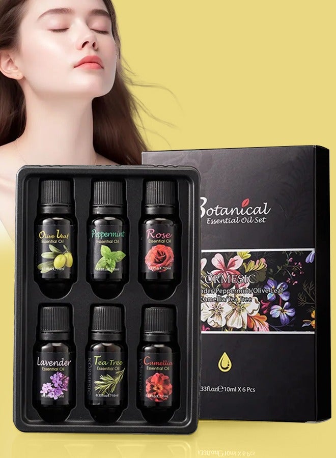 Kormesic 6Pcs Botanical Essential Oil Set Body Oils with Rose Lavender Peppermint Olive Leaf Camellia and Tea Tree Oil Facial and Body Skin Care Essentials Oils Set Moisturizing Hydrating Nourishing Oil 6x10ml - Image 1