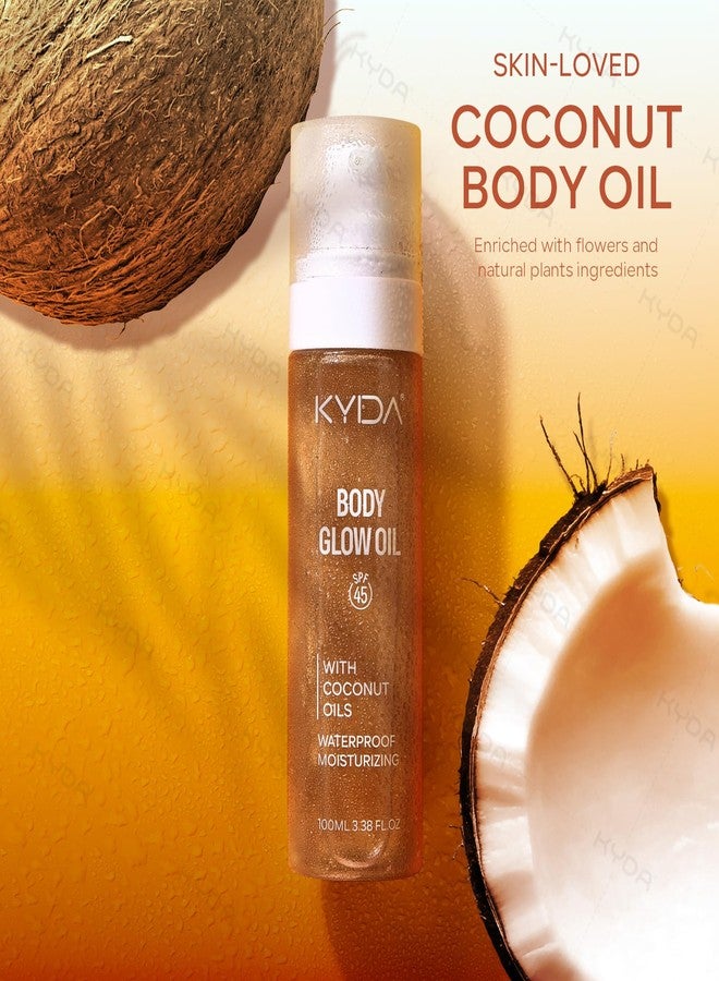 KYDA Body Glow Oil, SPF 45 Sunscreen Body Oil with Gold Mica, Sun-kissed Glow Skin Illuminator, Moisturizing Coconuts Summer Sunscreen, Water Resistant, 3.38 fl oz, AMBER - Image 4
