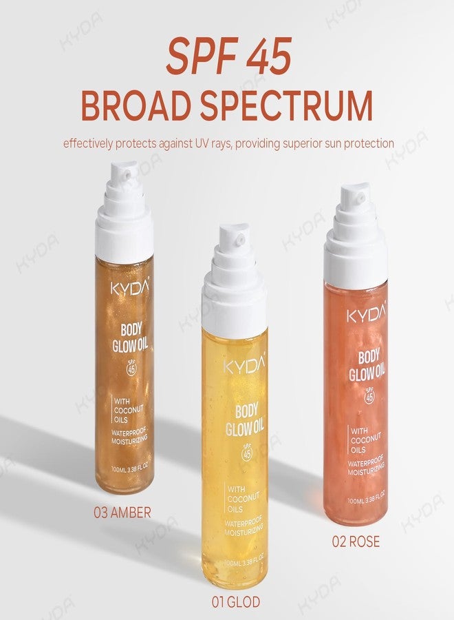 KYDA Body Glow Oil, SPF 45 Sunscreen Body Oil with Gold Mica, Sun-kissed Glow Skin Illuminator, Moisturizing Coconuts Summer Sunscreen, Water Resistant, 3.38 fl oz, AMBER - Image 3