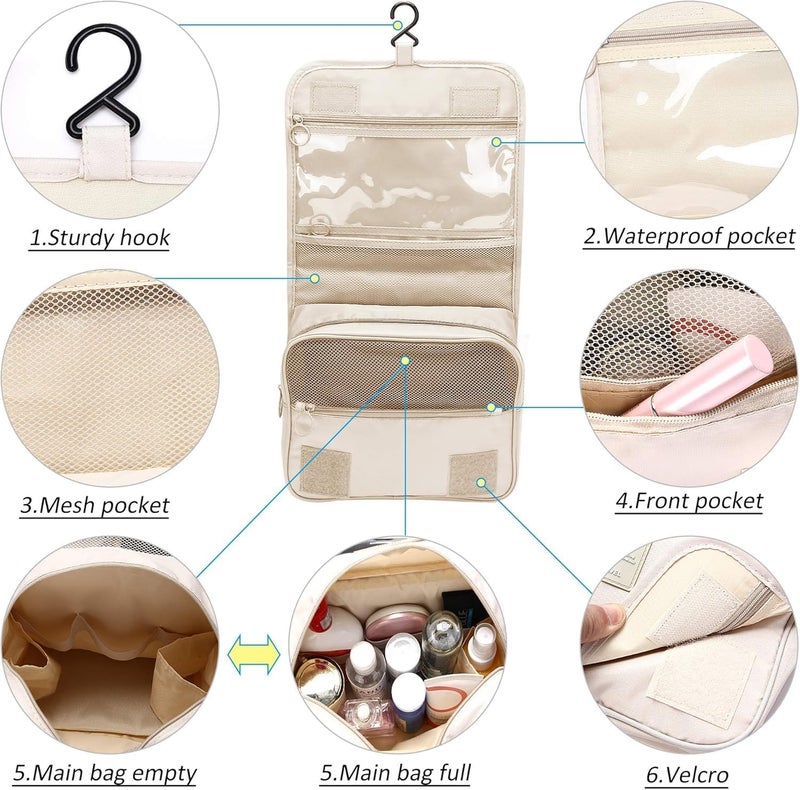 SKAIV حقيبة سفر كبيرة السعة محمولة مع خطاف تعليق، حقيبة مستحضرات تجميل مقاومة للماء، حقيبة مكياج للرجال والنساء مع مقبض حمل (بيج) - Image 5
