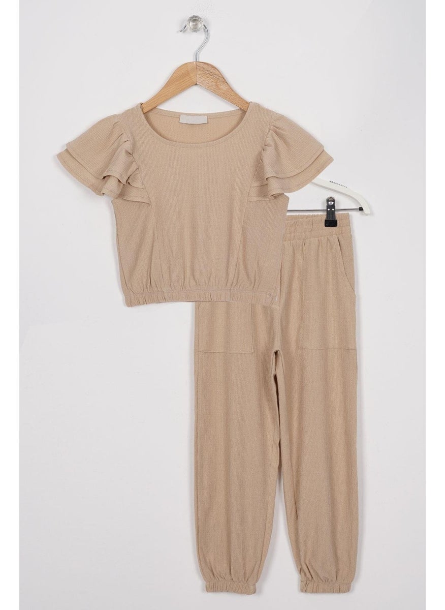 WEWE - Crew Neck Ruffle Sleeves Frilled Sleeve Edges Elastic Waist Legs Beige Color Girl's Two Piece Set - Image 1