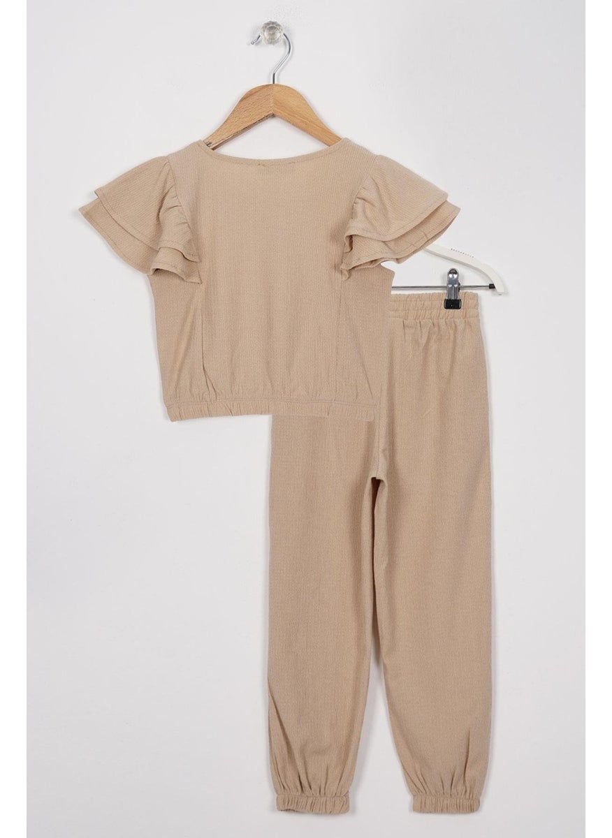 WEWE - Crew Neck Ruffle Sleeves Frilled Sleeve Edges Elastic Waist Legs Beige Color Girl's Two Piece Set - Image 1