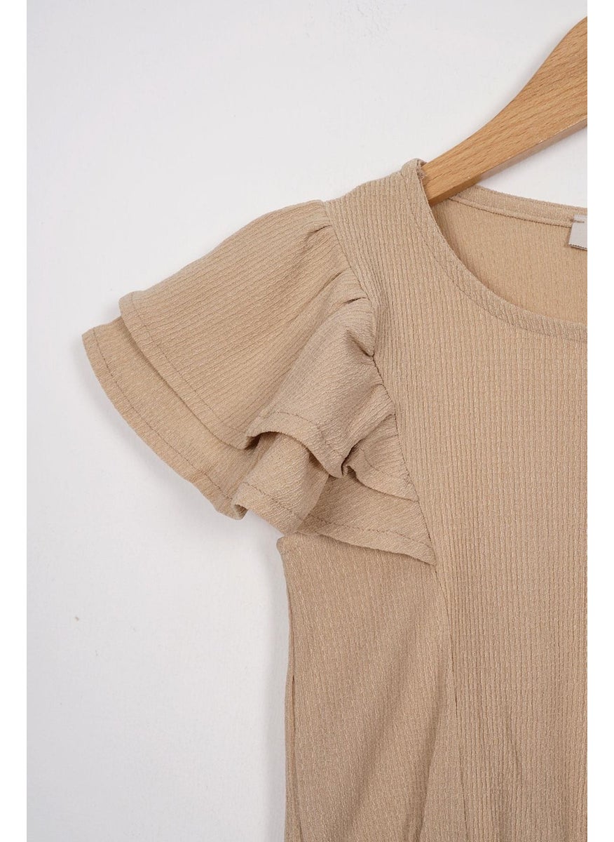 WEWE - Crew Neck Ruffle Sleeves Frilled Sleeve Edges Elastic Waist Legs Beige Color Girl's Two Piece Set - Image 1
