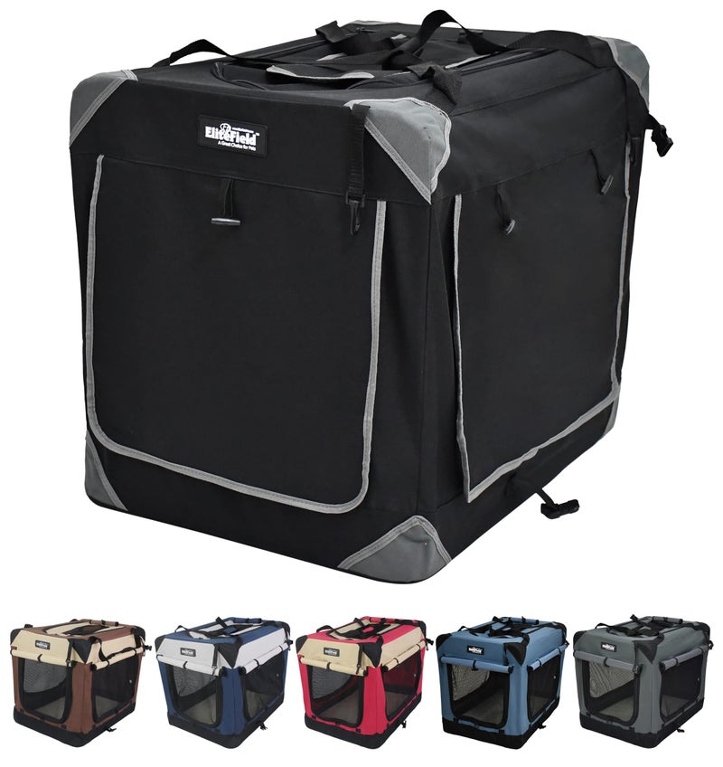 EliteField 4Door Folding Soft Dog Crate with Curtains Carrying Bag and Fleece Bed 2 Year Warranty Indoor Outdoor Pet Home 36 L x 24 W x 28 H Black4 Door Curtains