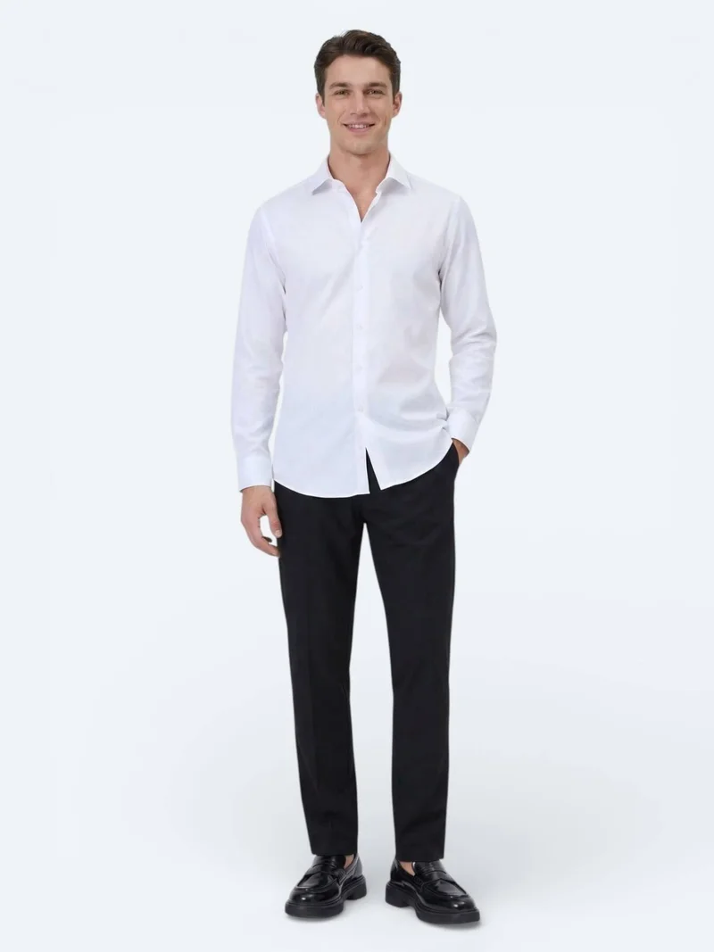Kip White Plain Slim Fit Long Weaving Classical Cotton Blended Shirt