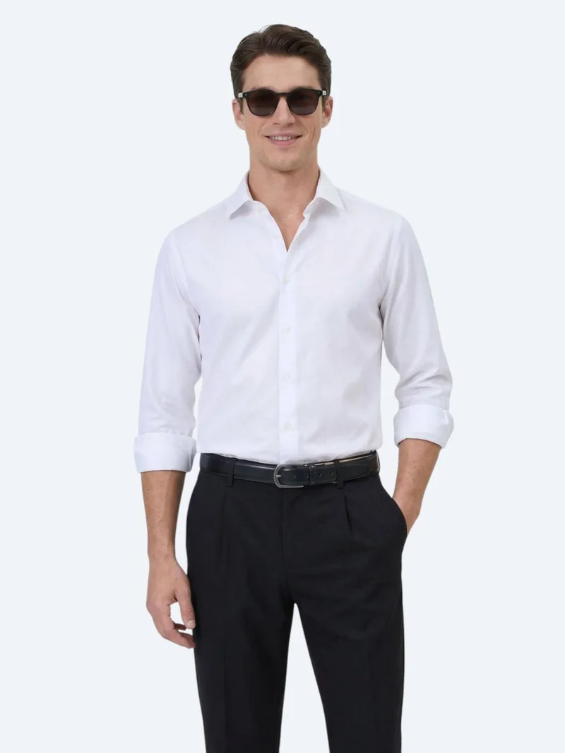 Kip White Plain Slim Fit Long Weaving Classical Cotton Blended Shirt