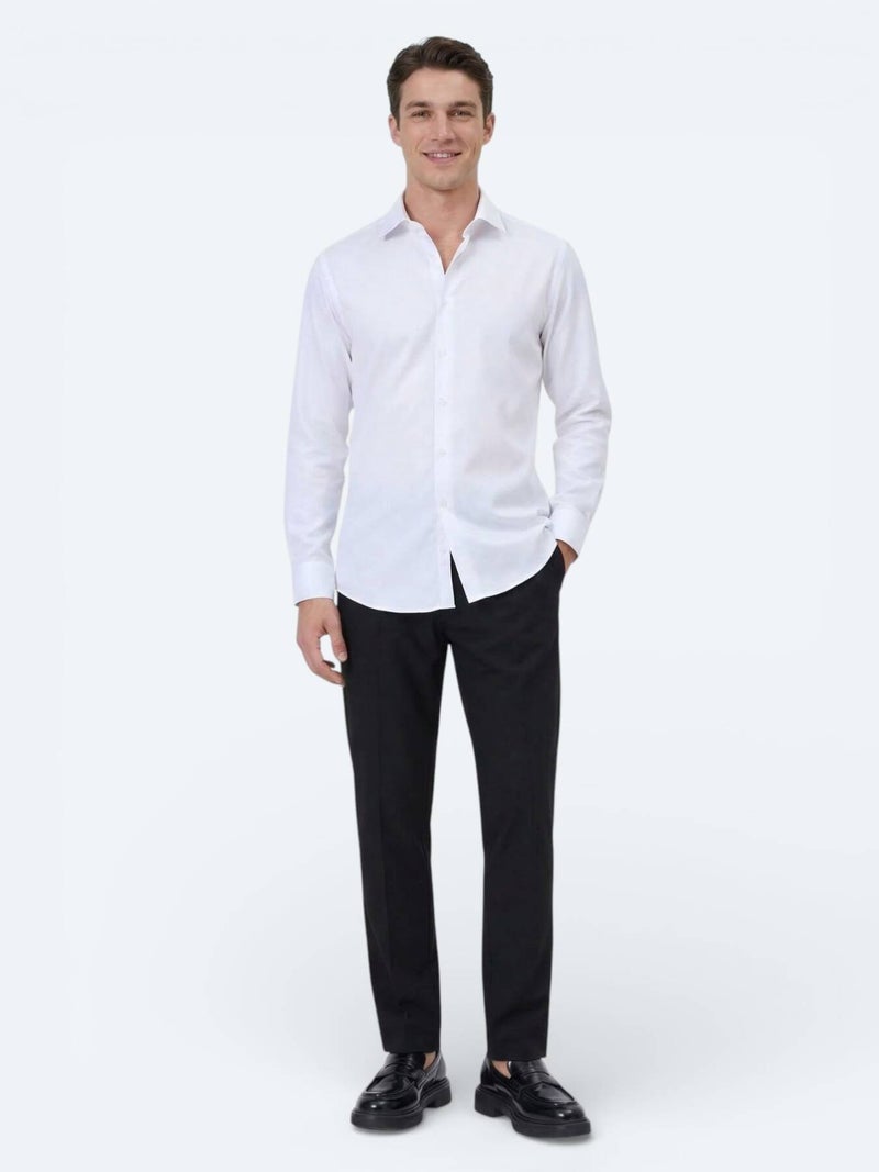 Kip White Plain Slim Fit Long Weaving Classical Cotton Blended Shirt - Image 3