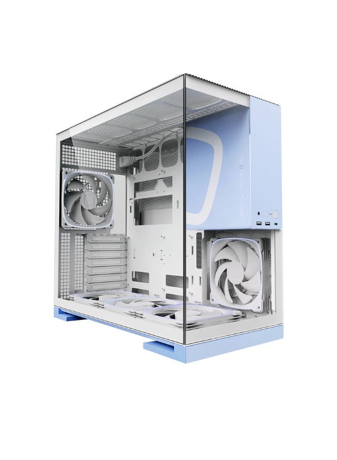 Geometricfuture علبة كمبيوتر متوسطة الحجم من طراز 5 ATX - أبيض/أزرق، 5 مراوح مثبتة مسبقًا، لوحة جانبية من الزجاج المقوى، متوافقة مع E-ATX/ATX/mATX/ITX، جاهزة لإضاءة RGB، منافذ إدخال/إخراج أمامية USB-C وUSB 3.0، تدعم بطاقات رسومات حتى 460 مم، تدعم التبريد الهوائي والمائي | GEO-M5F-WB - Image 1