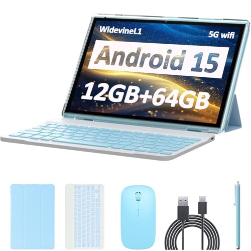 CUPEISI Android 15 Tablet, 10 inch 12GB RAM+64GB ROM/1TB (Max), 2 in 1 Tablets with Keyboard Case Mouse Stylus, 1.8GHz Quad-core Processor, 1280*800 IPS HD Touch Screen, 8MP Camera, 5G Wi-Fi 6 BT 5.0 Tablet - Image 1