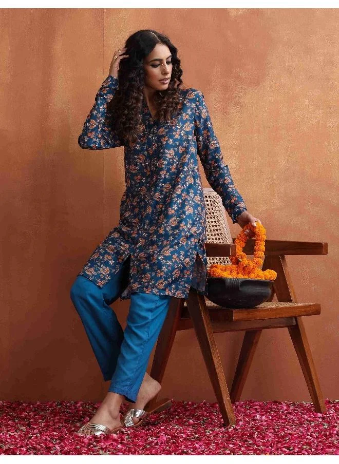 ترو برونز trueBrowns Blue Print Kurta Co-ord Set