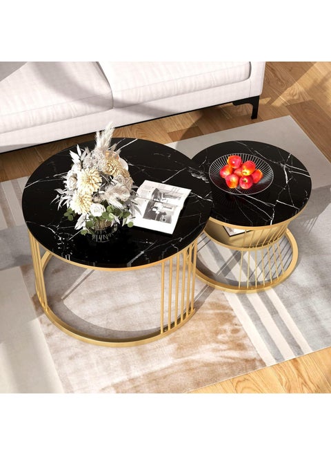 MERI JAAN Round Coffee Table Modern Nestings Table Set of 2 Sofa Side Table with Marble Veneer Top and Metal Frame End Table for Living Room Bedroom Home or Office Black Gold