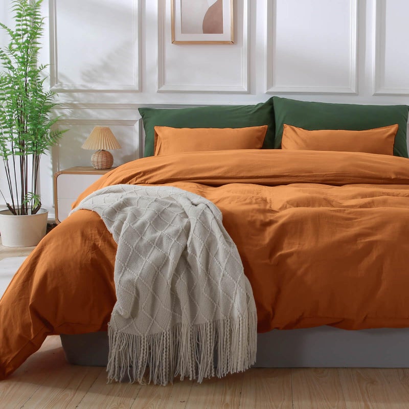 NEXHOME PRO Duvet Cover Set 100% Washed Cotton Oversized Queen 98 ""x98 ""  Organic Natural Linen Look Textured 3 Pieces Bedding Set Terracotta Burnt Orange with Zipper Closure  Soft (No Comforter) - Image 2