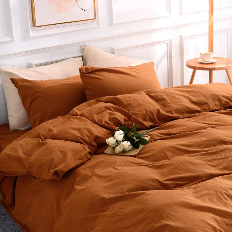 NEXHOME PRO Duvet Cover Set 100% Washed Cotton Oversized Queen 98 ""x98 ""  Organic Natural Linen Look Textured 3 Pieces Bedding Set Terracotta Burnt Orange with Zipper Closure  Soft (No Comforter) - Image 1