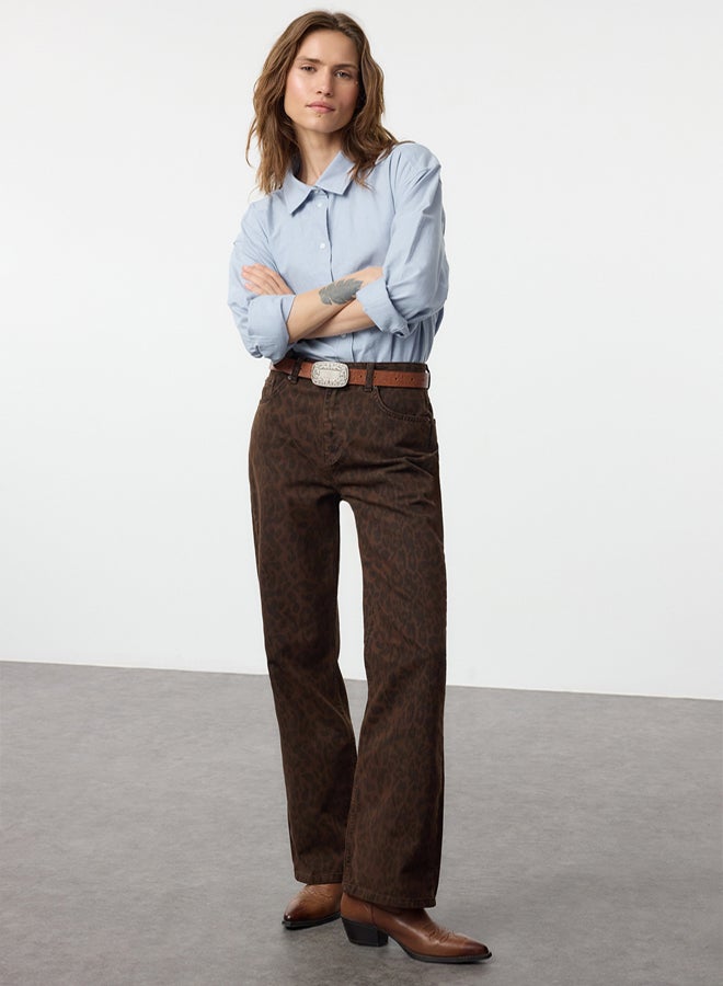 trendyol Multicolored Leopard Print Brown High Waist Wide Leg Jeans - Image 1