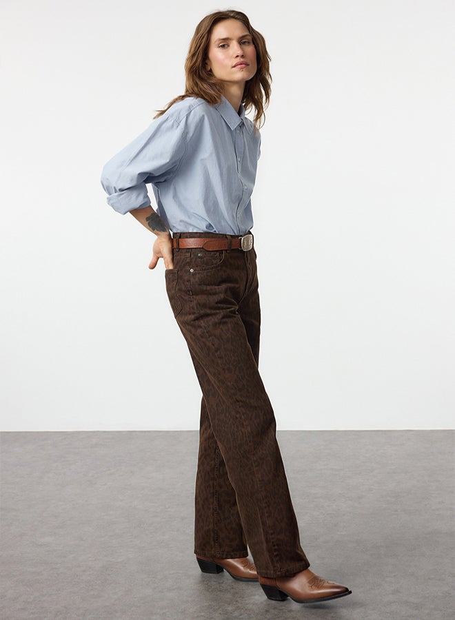 trendyol Multicolored Leopard Print Brown High Waist Wide Leg Jeans - Image 2