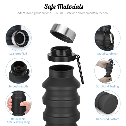 Nefeeko Collapsible Water Bottle, 18floz Reuseable BPA Free Silicone Foldable Bottles for Travel Gym Camping Hiking, Portable Leak Proof Sports Water Bottle with Carabiner - Image 3