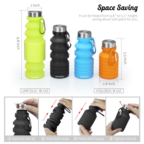 Nefeeko Collapsible Water Bottle, 18floz Reuseable BPA Free Silicone Foldable Bottles for Travel Gym Camping Hiking, Portable Leak Proof Sports Water Bottle with Carabiner - Image 2