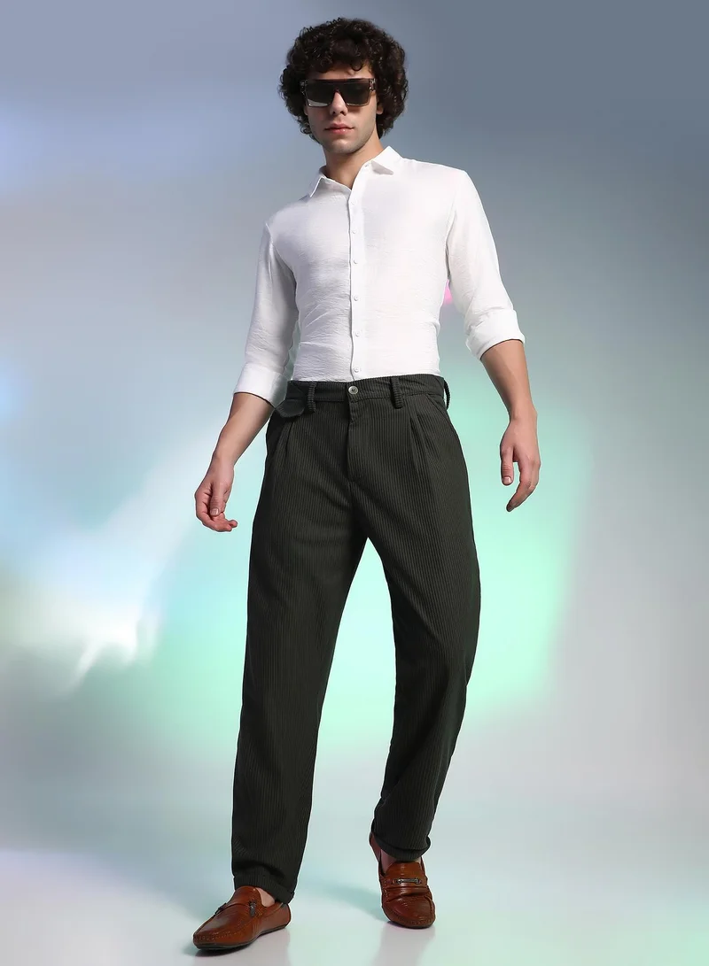 Campus Sutra  Men's Midnight Black Corduroy Tailored Trousers For Casual Wear | Mid-Rise | Regular Fit | Button Closure | Trousers Crafted With Comfort Fit For Everyday Wear for Men | Best Price UAE