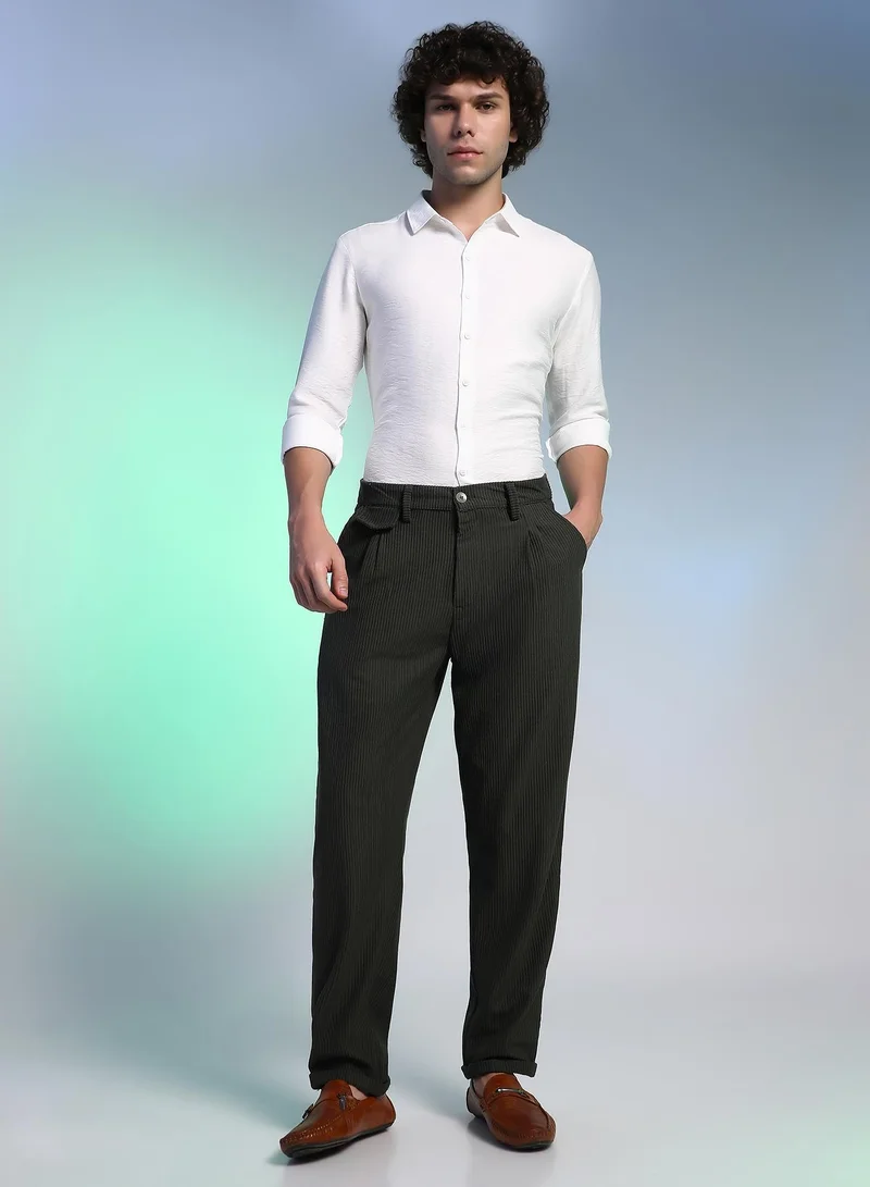 Campus Sutra  Men's Midnight Black Corduroy Tailored Trousers For Casual Wear | Mid-Rise | Regular Fit | Button Closure | Trousers Crafted With Comfort Fit For Everyday Wear for Men | Best Price UAE
