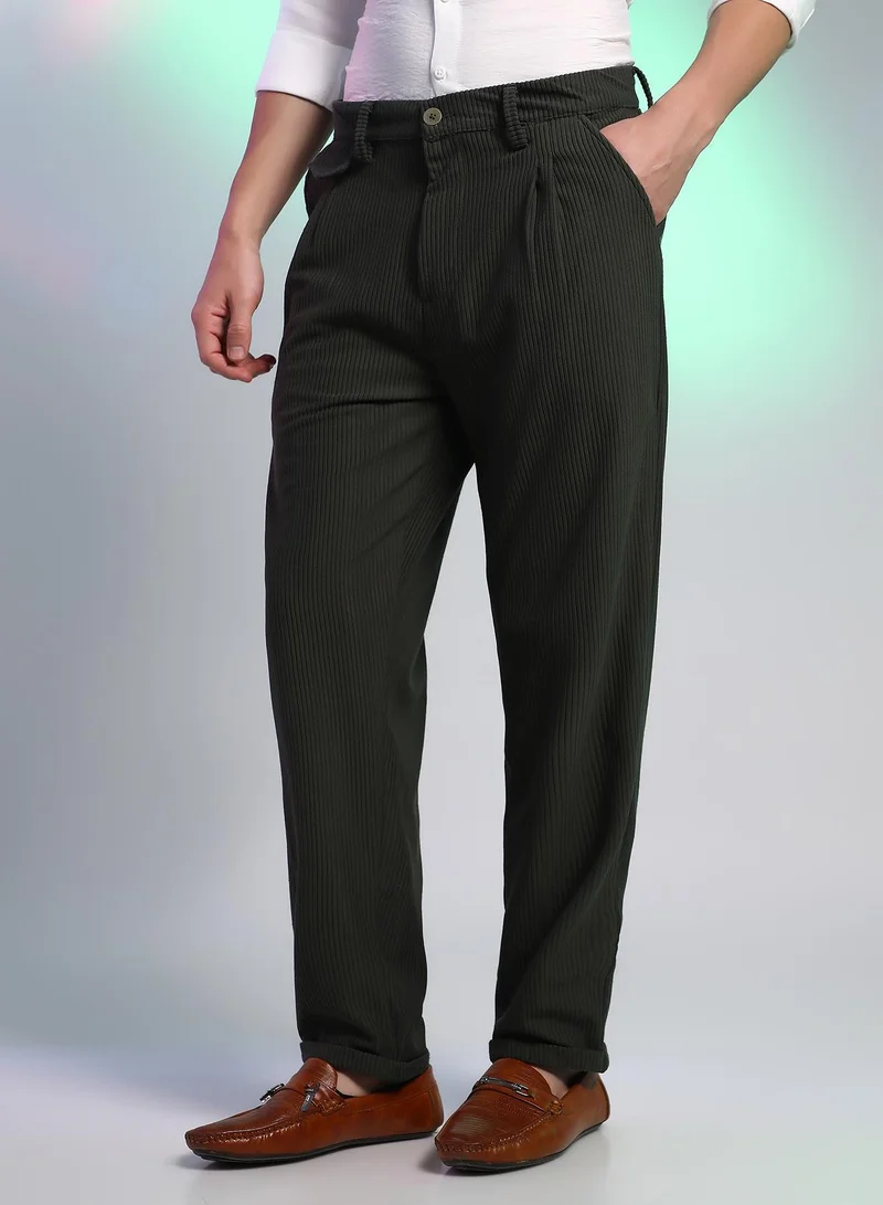 Campus Sutra  Men's Midnight Black Corduroy Tailored Trousers For Casual Wear | Mid-Rise | Regular Fit | Button Closure | Trousers Crafted With Comfort Fit For Everyday Wear for Men | Best Price UAE