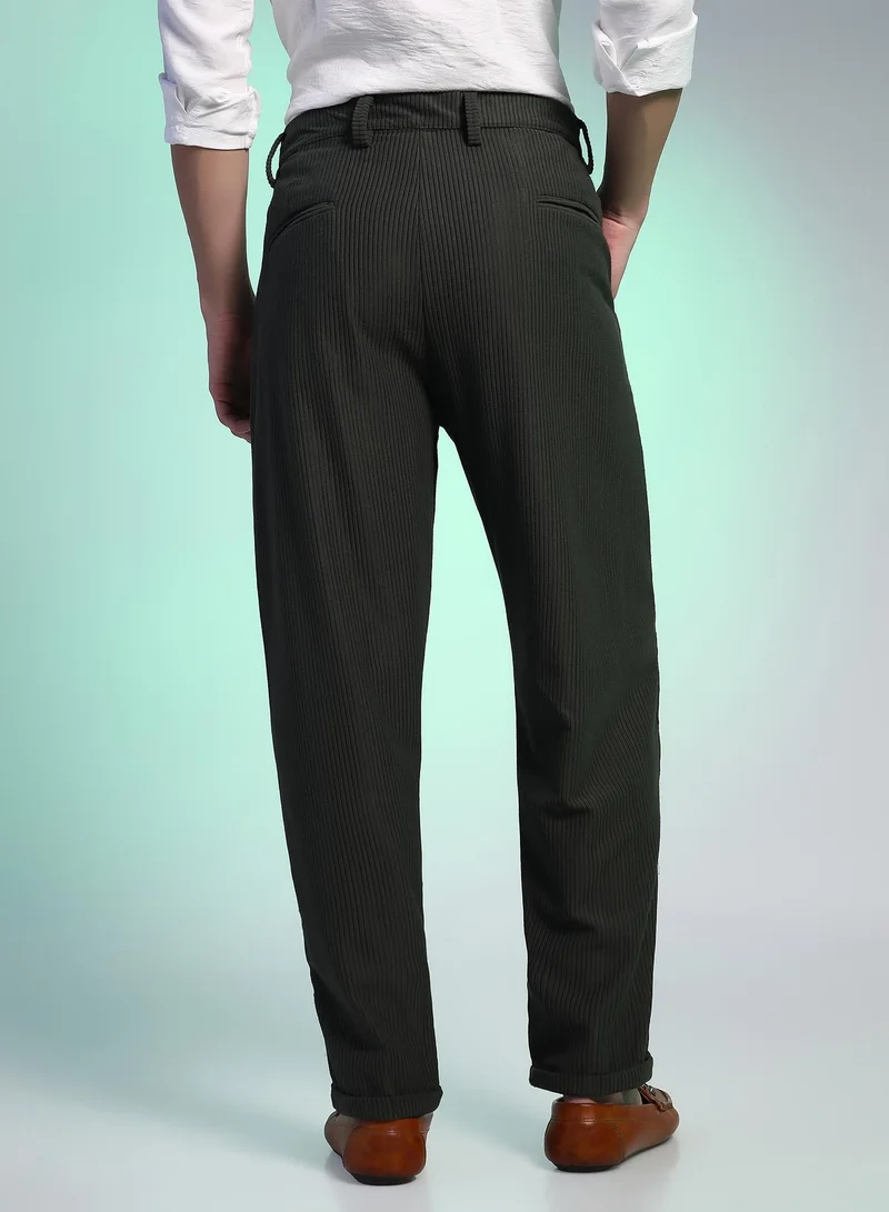 Campus Sutra  Men's Midnight Black Corduroy Tailored Trousers For Casual Wear | Mid-Rise | Regular Fit | Button Closure | Trousers Crafted With Comfort Fit For Everyday Wear for Men | Best Price UAE