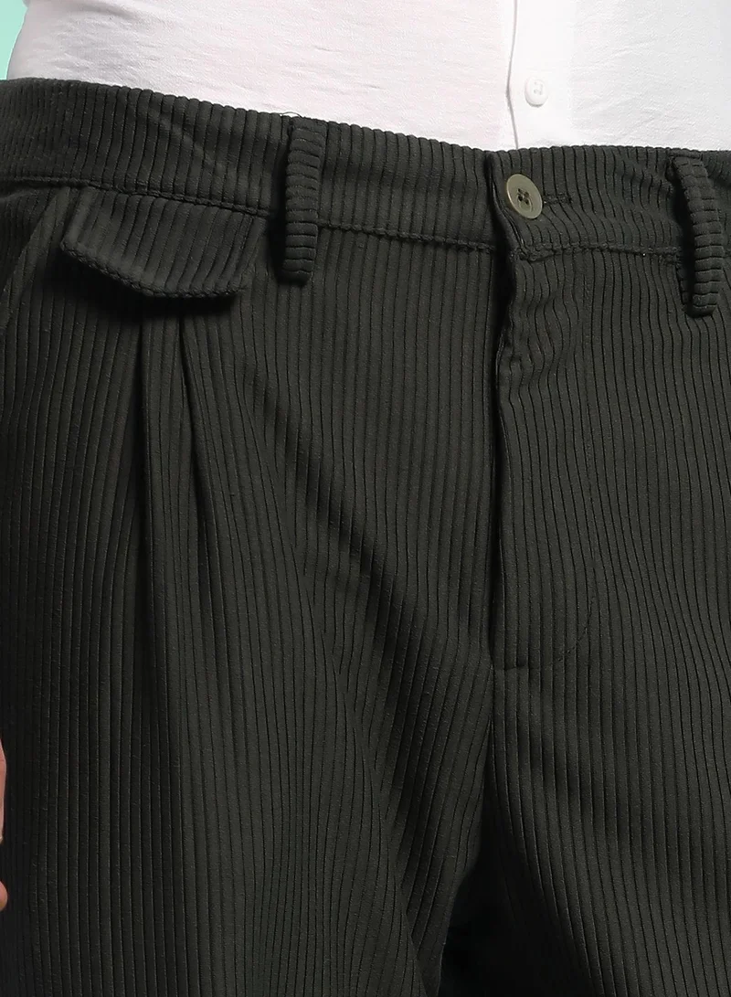 Campus Sutra  Men's Midnight Black Corduroy Tailored Trousers For Casual Wear | Mid-Rise | Regular Fit | Button Closure | Trousers Crafted With Comfort Fit For Everyday Wear for Men | Best Price UAE