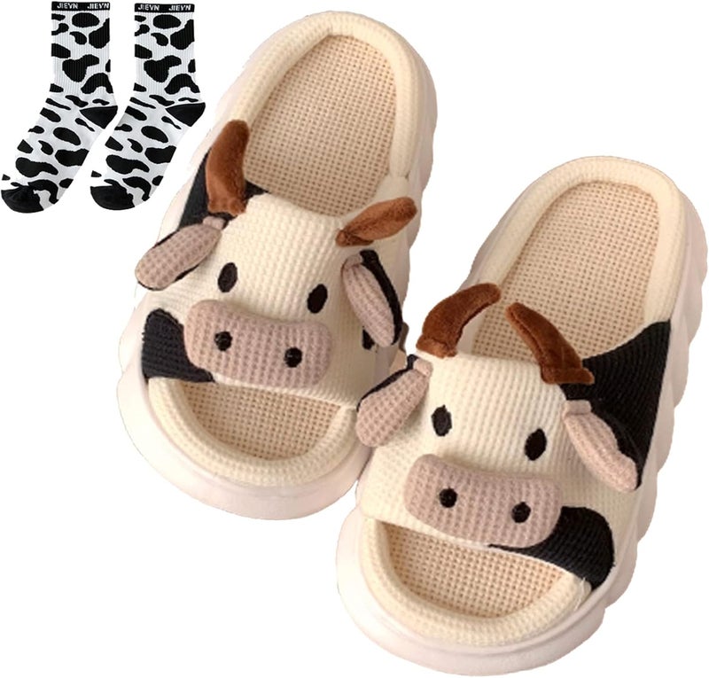 comfrt Kawaii Cow Slippers,Cartoon Cow Slippers,Fuzzy Cow Slippers, Summer Cozy Animal Slippers for Women - Image 1