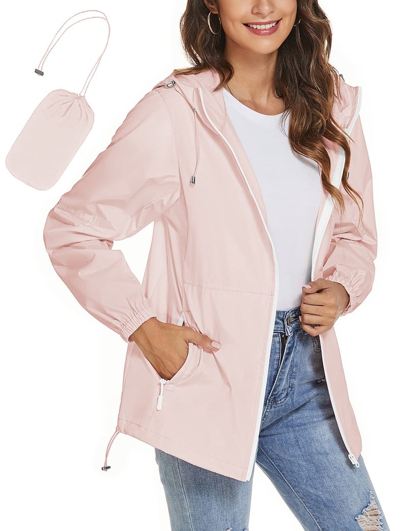 TCOT Womens Rain Jacket with Hood Lightweight Waterproof Windbreaker Jackets Zip Up Outdoor Compact Raincoats Pink L - Image 1