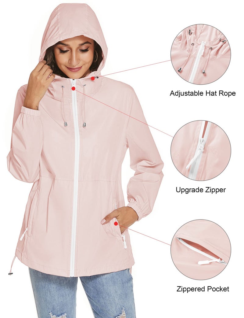 TCOT Womens Rain Jacket with Hood Lightweight Waterproof Windbreaker Jackets Zip Up Outdoor Compact Raincoats Pink L - Image 3