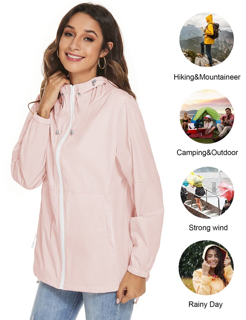 TCOT Womens Rain Jacket with Hood Lightweight Waterproof Windbreaker Jackets Zip Up Outdoor Compact Raincoats Pink L - Image 4