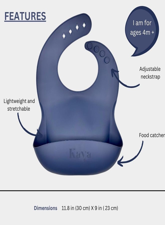 Kaya Silicone Bib for Babies and Toddlers Pack of 2, BPA Free Non-Toxic, Food Catcher, Adjustable Neck, Dishwasher Safe (Deep Blue & Lilac Flowers) - Image 2