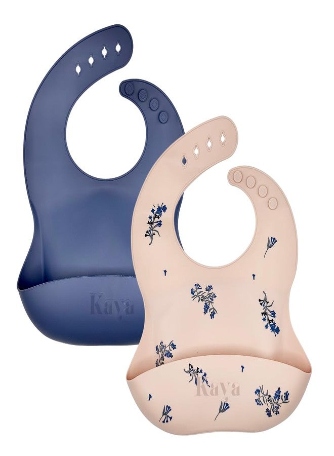 Kaya Silicone Bib for Babies and Toddlers Pack of 2, BPA Free Non-Toxic, Food Catcher, Adjustable Neck, Dishwasher Safe (Deep Blue & Lilac Flowers) - Image 1