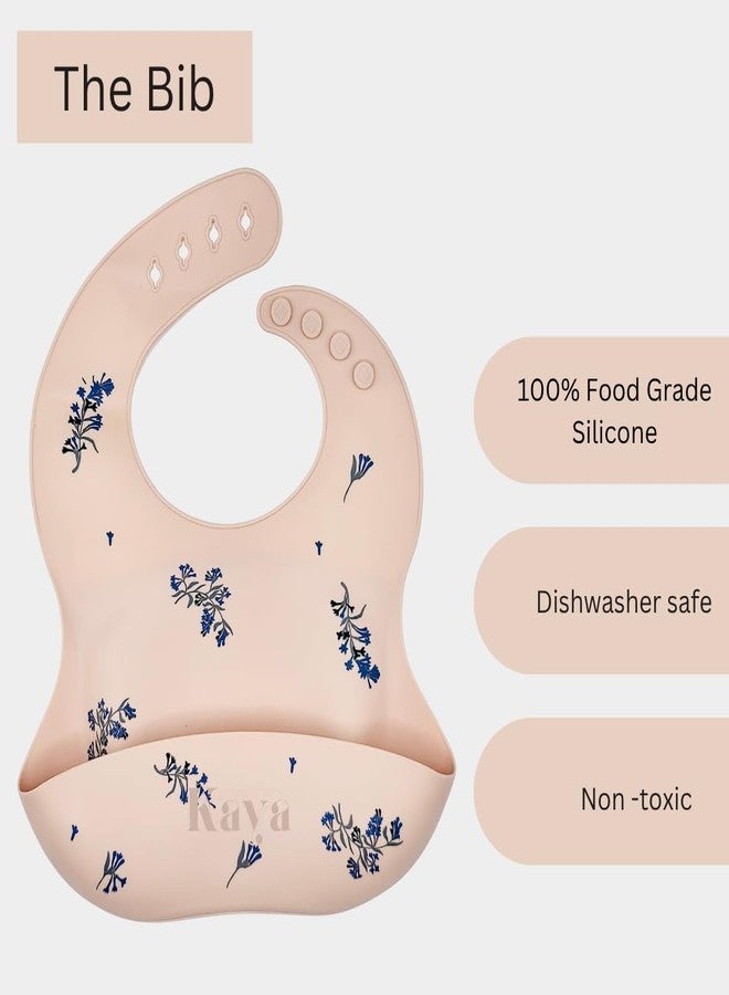 Kaya Silicone Bib for Babies and Toddlers Pack of 2, BPA Free Non-Toxic, Food Catcher, Adjustable Neck, Dishwasher Safe (Deep Blue & Lilac Flowers) - Image 3