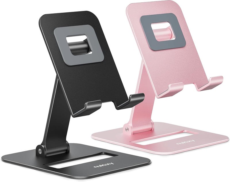 Nulaxy 2 Pack Dual Folding Cell Phone Stand, Fully Adjustable Phone Holder for Desk, Compatible with iPhone 17 16 15 14 13 12 11, Nintendo Switch, All Phones, Black & Rose Gold - Image 2
