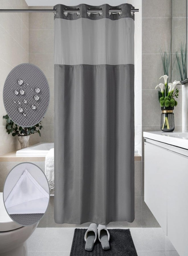 Ecoehoe 54" W x78“ L No Hooks Shower Curtain with Snap-in Liner with Magnets-Machine Washabel Top See Through Grey Waffle - Image 1