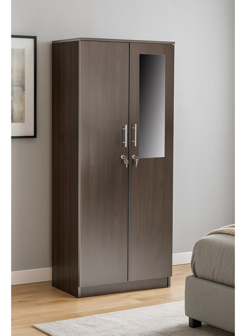 AFT Spacious Two-Door MDF Wardrobe with Lockable Compartments, Durable Metal Hinges, and Multiple Shelves for Organized Storage – Featuring Premium Dark Walnut Finish (Arfan) - Image 1