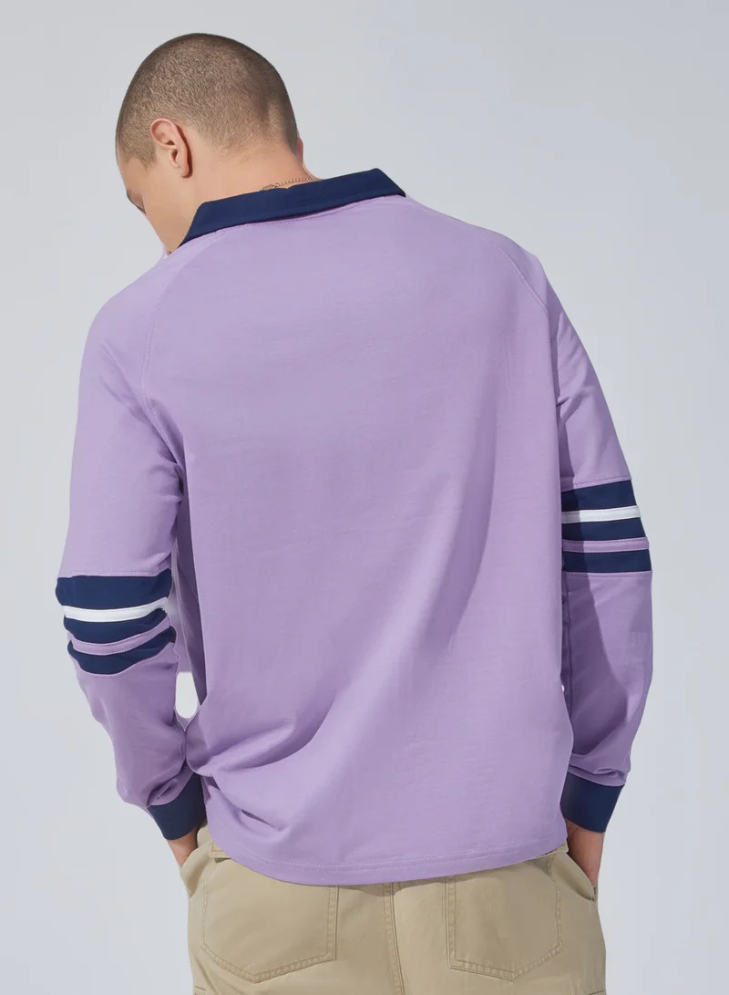Maniac Maniac Mens Printed Polo Neck Raglan Full Sleeve Lavender and Navy Cotton Sweatshirt