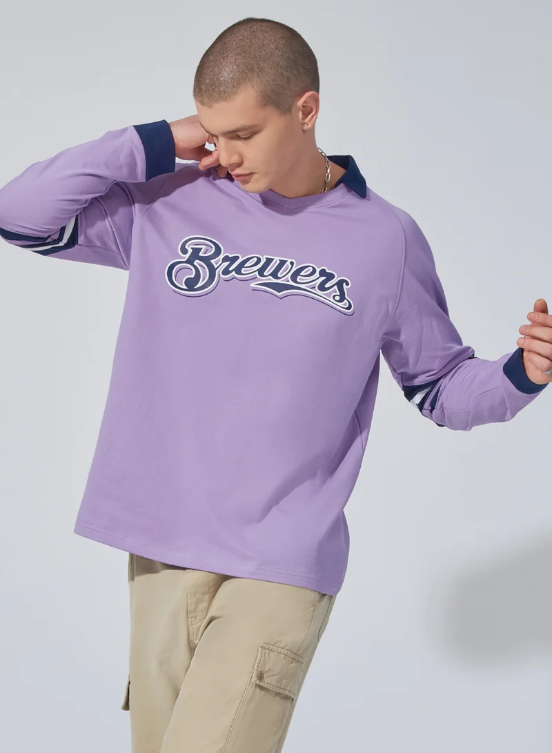 Maniac Maniac Mens Printed Polo Neck Raglan Full Sleeve Lavender and Navy Cotton Sweatshirt