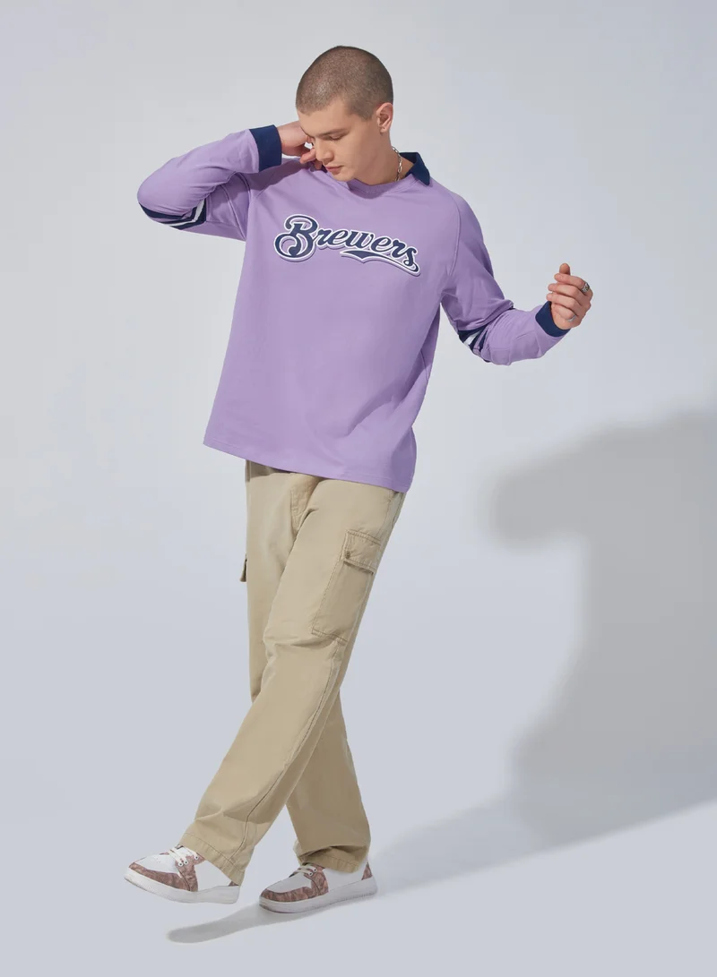 Maniac Maniac Mens Printed Polo Neck Raglan Full Sleeve Lavender and Navy Cotton Sweatshirt