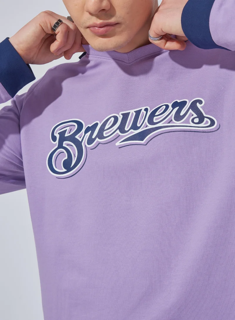 Maniac Maniac Mens Printed Polo Neck Raglan Full Sleeve Lavender and Navy Cotton Sweatshirt