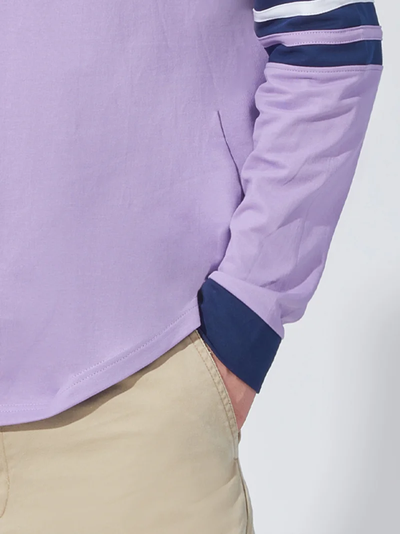 Maniac Maniac Mens Printed Polo Neck Raglan Full Sleeve Lavender and Navy Cotton Sweatshirt