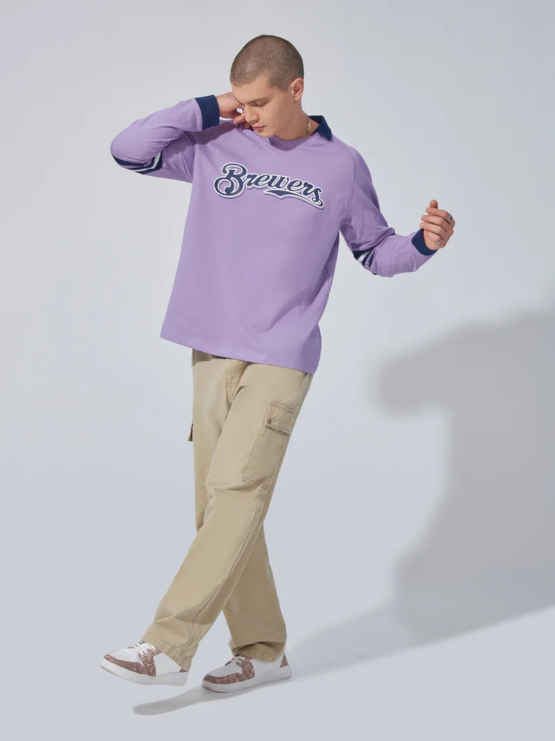 Maniac Maniac Mens Printed Polo Neck Raglan Full Sleeve Lavender and Navy Cotton Sweatshirt