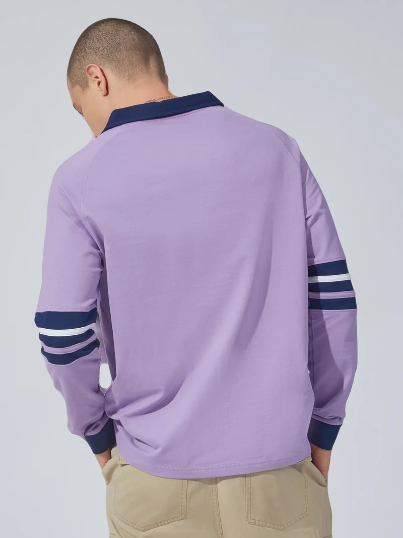 Maniac Maniac Mens Printed Polo Neck Raglan Full Sleeve Lavender and Navy Cotton Sweatshirt