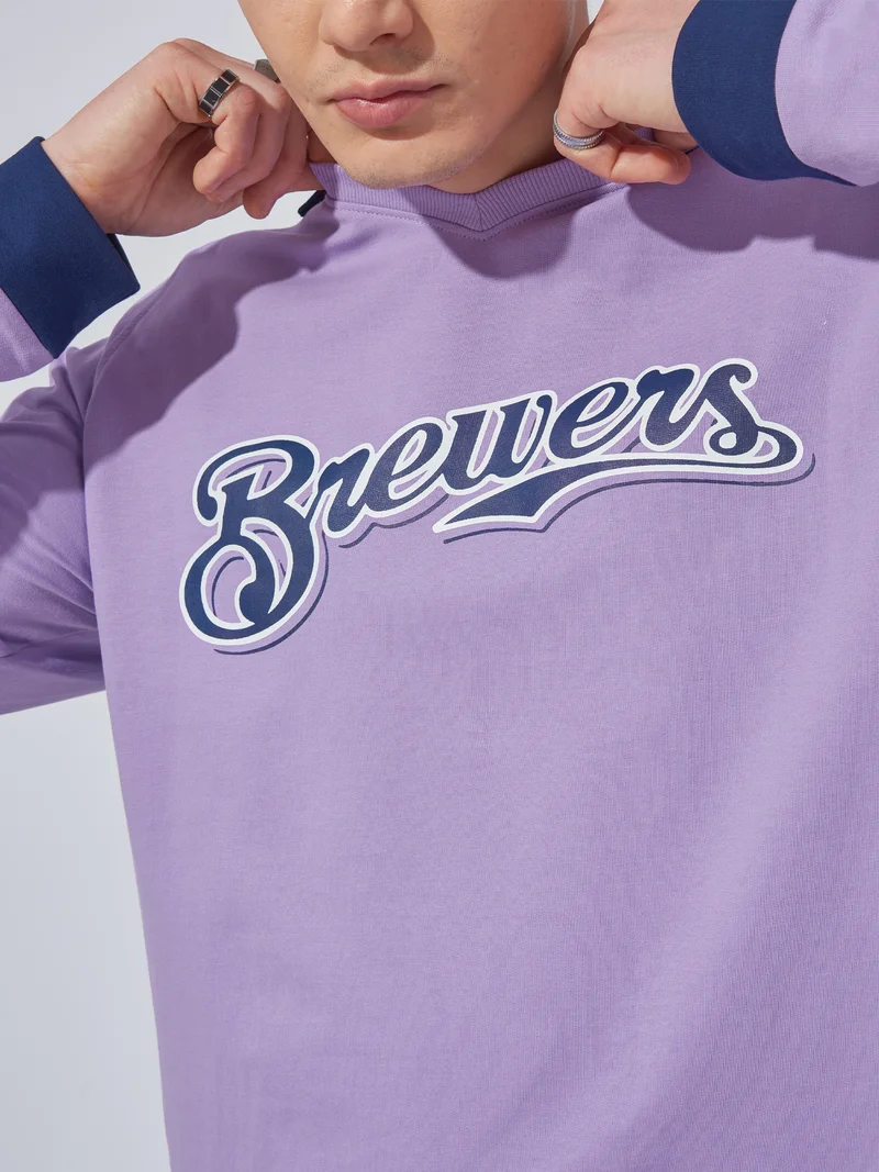Maniac Maniac Mens Printed Polo Neck Raglan Full Sleeve Lavender and Navy Cotton Sweatshirt
