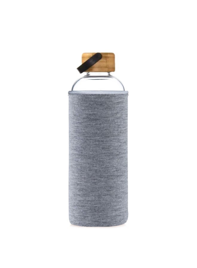 MAX-EMA GLASS WATER BOTTLE GREY 1 LITER WITH BAMBOO LID AND NEOPRENE SLEEVE REUSABLE GLASS BOTTLE FOR HOT AND COLD DRINKS, JUICE, TEA, MILK, SMOOTHIES AND FOR HOME, GYM AND TRAVEL