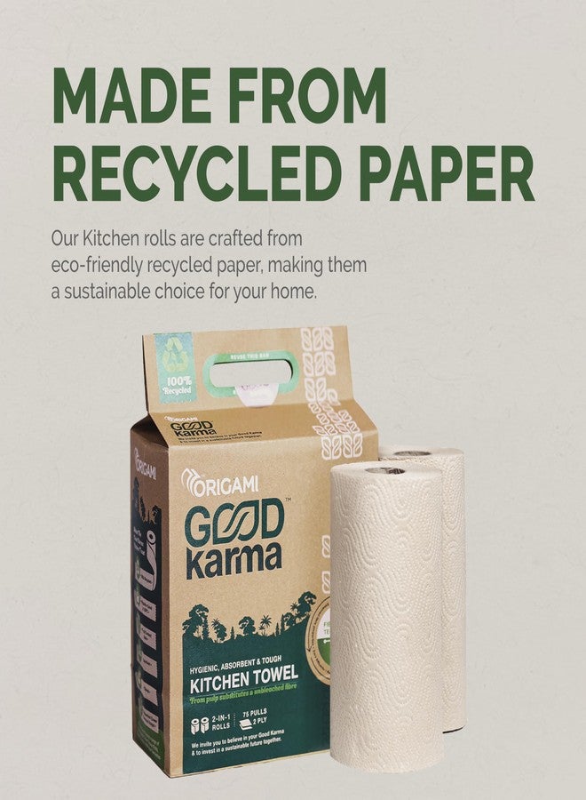 Origami Good Karma 2 Ply 2 in 1 Kitchen Tissue Paper Roll | Unbleached, Biodegradable & Super Absorbent for Spotless Cleaning | Ideal for Multi Purpose Use Pack of 2 (75 Pulls Per Roll, 300 Sheets) - Image 2