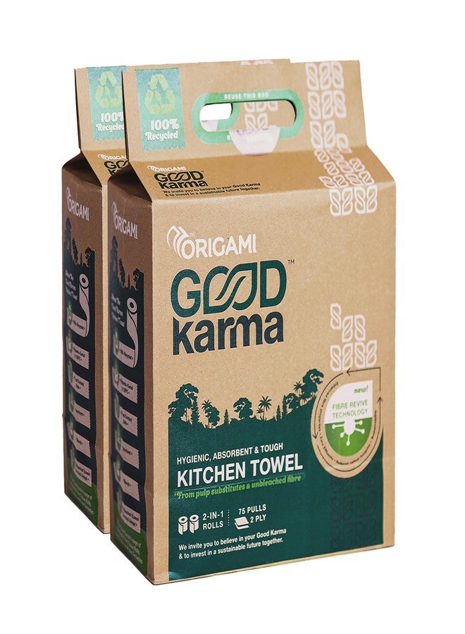 Origami Good Karma 2 Ply 2 in 1 Kitchen Tissue Paper Roll | Unbleached, Biodegradable & Super Absorbent for Spotless Cleaning | Ideal for Multi Purpose Use Pack of 2 (75 Pulls Per Roll, 300 Sheets) - Image 1