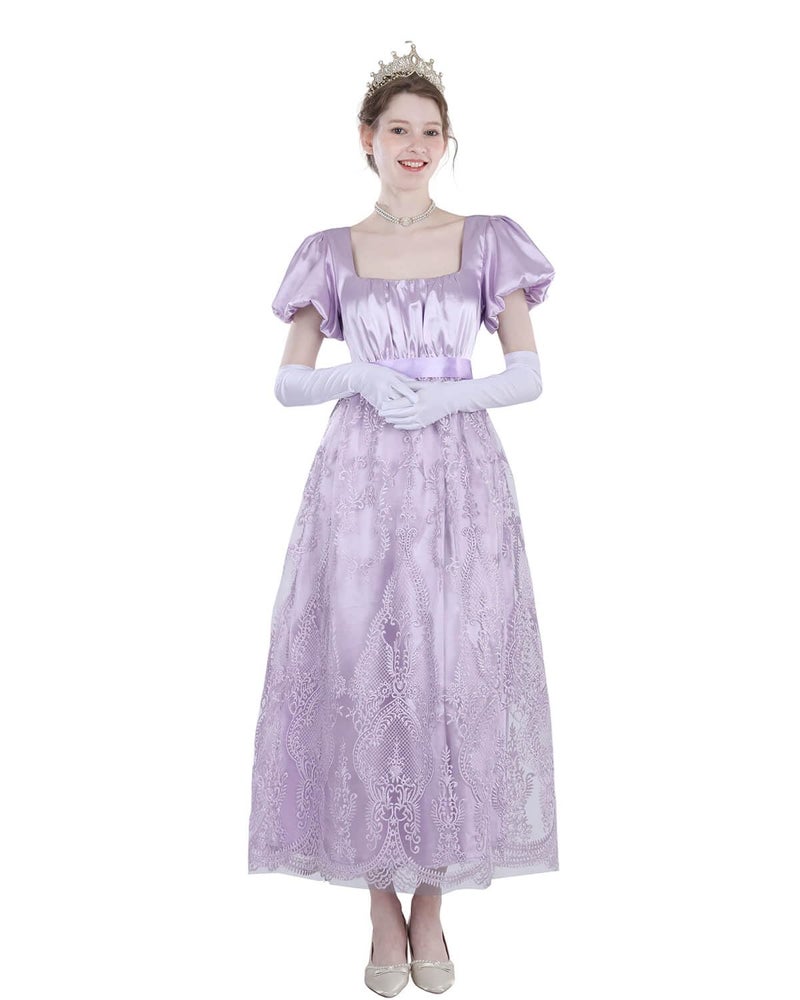 Nuoqi Regency Dress for Women Empire Waist Regency Era Costume Victorian Tea Party Gown, Purple, S - Image 2