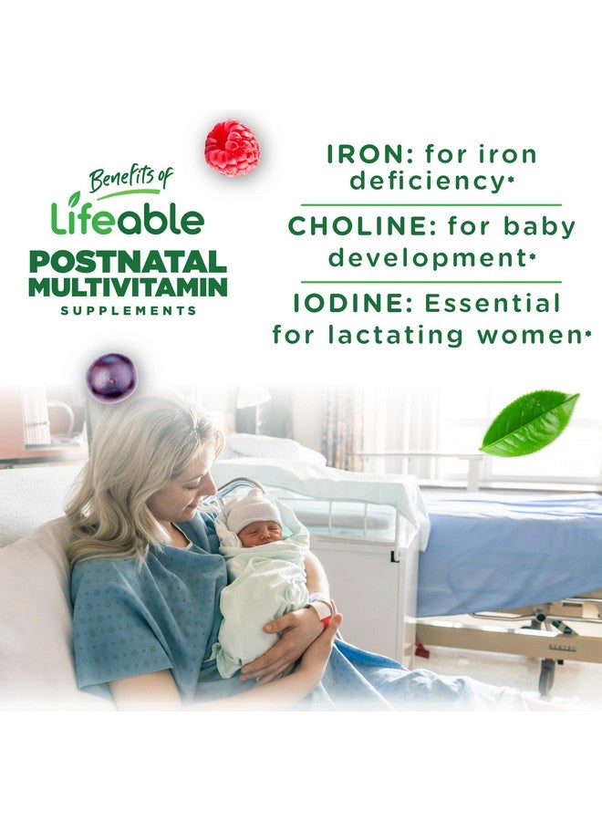 Lifeable فيتامينات ما بعد الولادة المتعددة مع الحديد والكولين واليود من لايفابل | فيتامينات ما بعد الولادة ذات الطعم الرائع للنساء المرضعات | مكمل غذائي نباتي غير معدل وراثيًا لدعم الرضاعة | 90 حبة جيلاتينية - Image 3