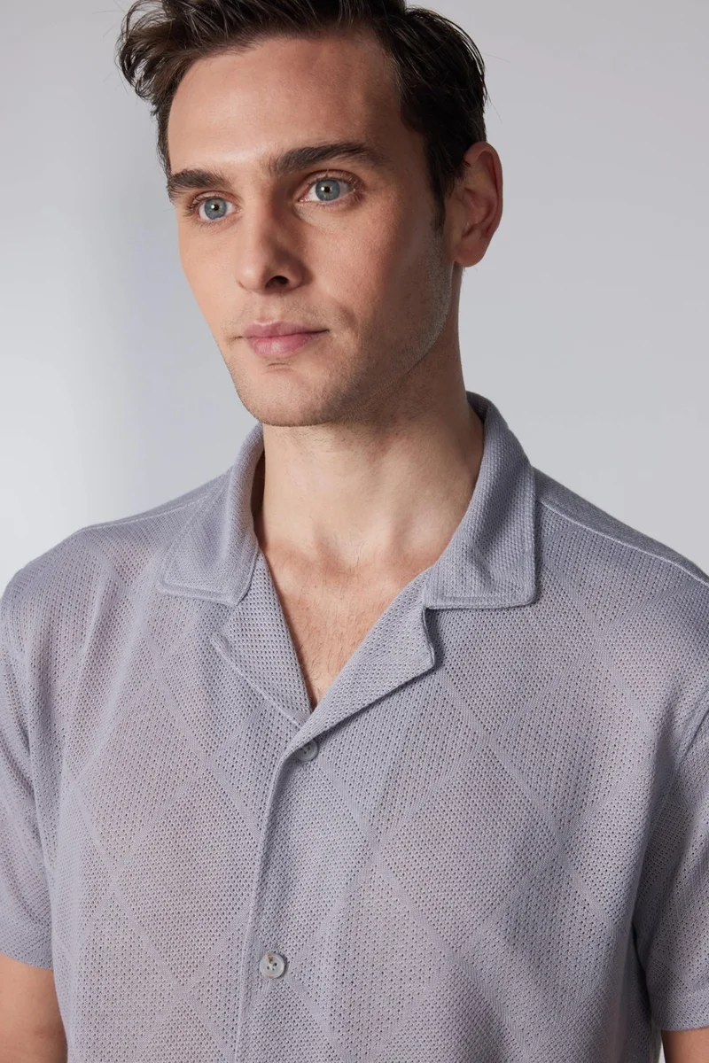 Tudors Slim Fit Slim Fit Short Sleeve Breathable Knitted Texture Square Patterned Open Collar Summer Gray Men's Shirt